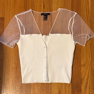 Forever 21 White Ribbed Crop Top with Sheer Mesh Sleeves